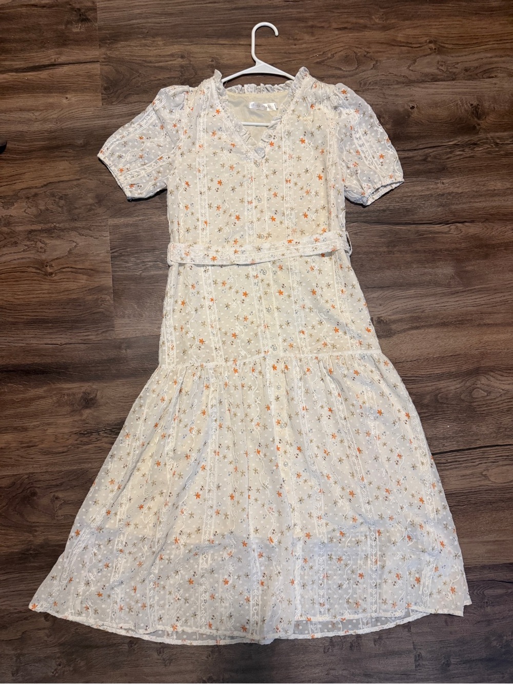Ivory Floral Ruffle Belted Midi Dress Size S
